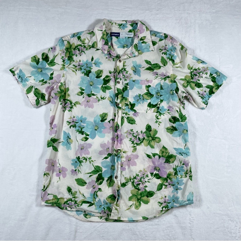 Old Navy Everyday Shirt Mens L Tropical Floral Hawaiian Button Up Vacation Beach
